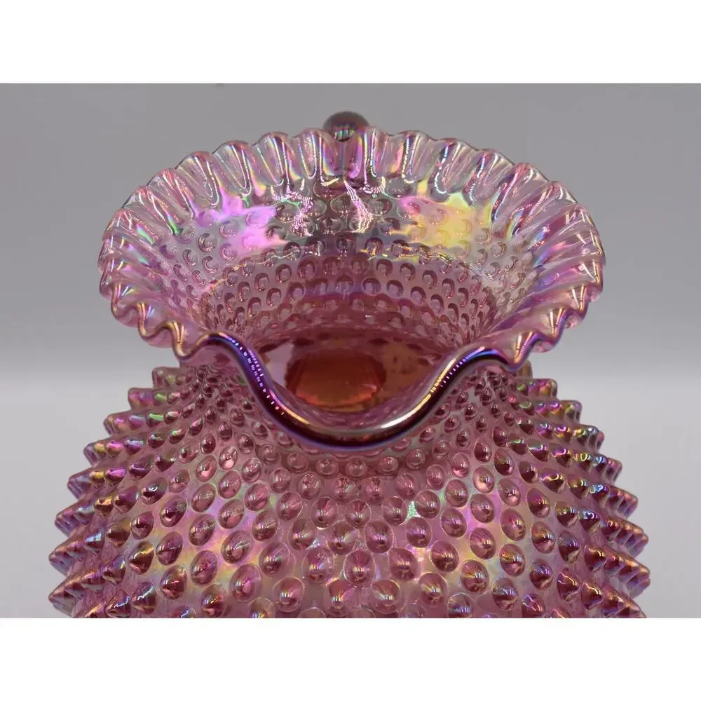 Vintage Fenton Hobnail Pink Opalescent Carnival Glass Art Crimped Top Pitcher